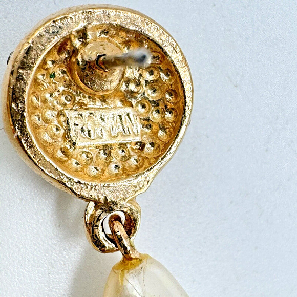 Vintage Faux Teardrop Pearl AB Rhinestone Dangle Earrings Gold Tone Retro 1.5" - Picture 7 of 8